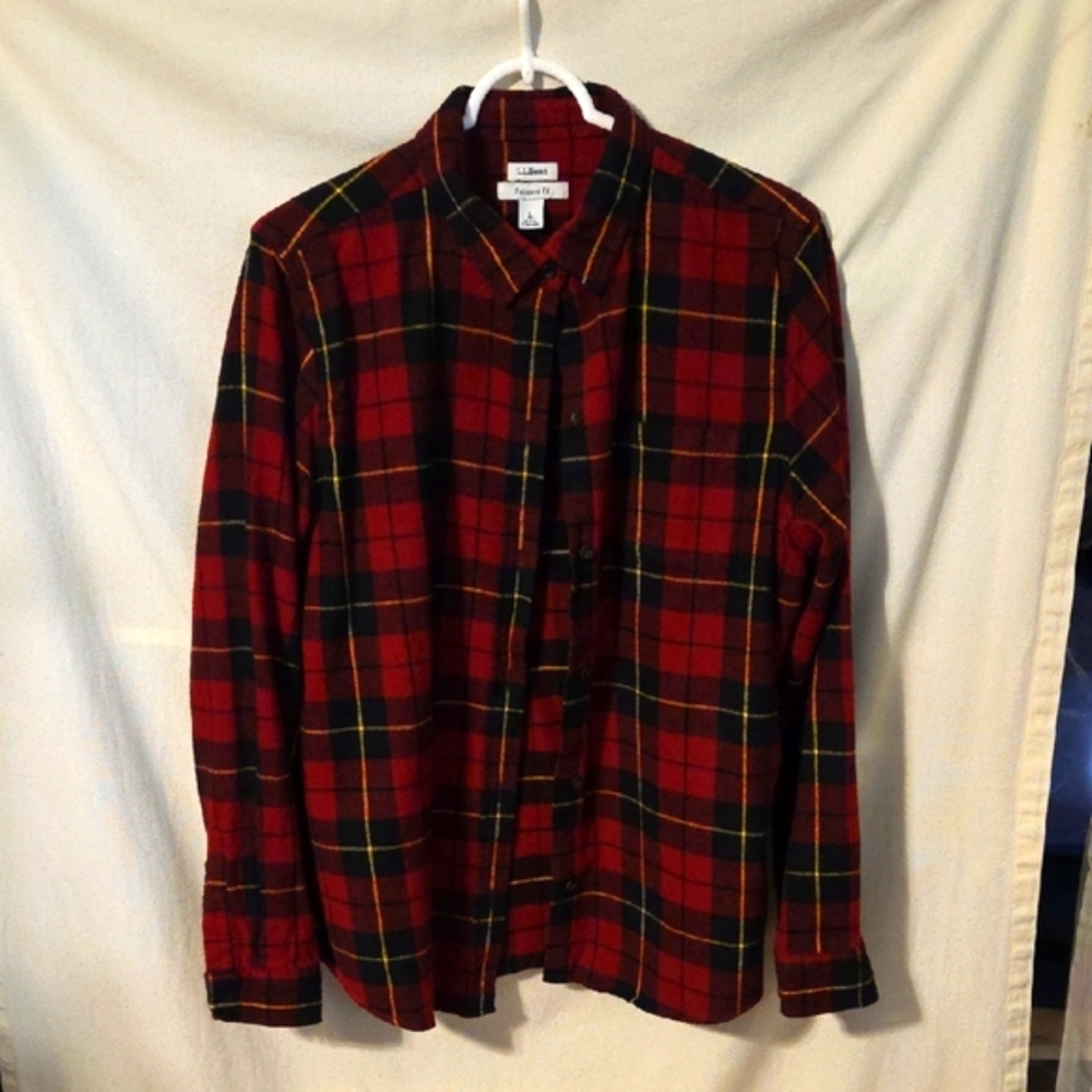 L L Bean Scotch Plaid Relaxed Flannel Shirt Wallace Plaid Red Black Size Large